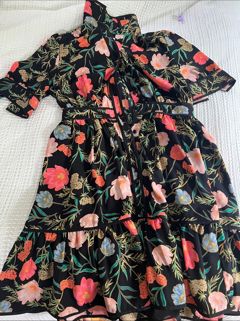kate spade Black Floral Midi Dress with Pink, Coral & Blue Blooms
